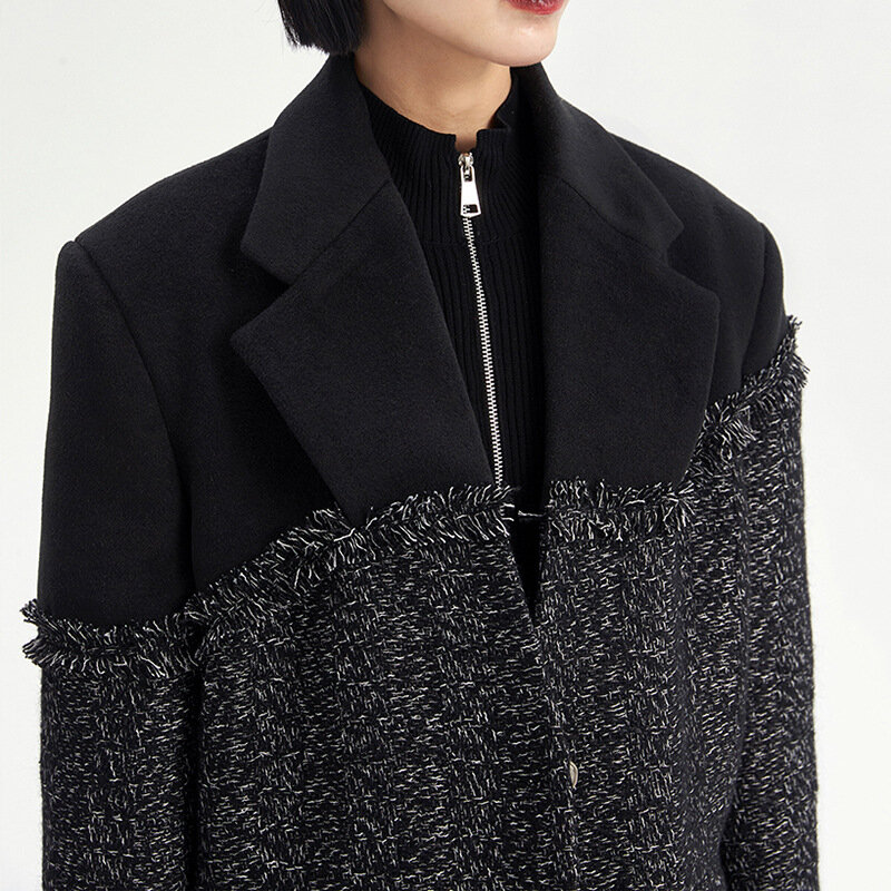 Terno de tecido de lã assimétrico feminino, design splicing, blazer manga comprida, topo, fileira única de dois botões, glamoroso, preto, em stock