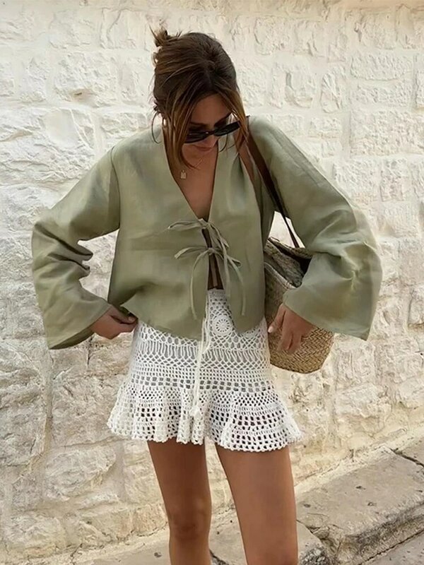 Linen Lace Up Bow Shirts Women Hollow Out V Neck Flare Long Sleeve Loose Blouse 2024 Spring New Lady Casual Streetwear Tops