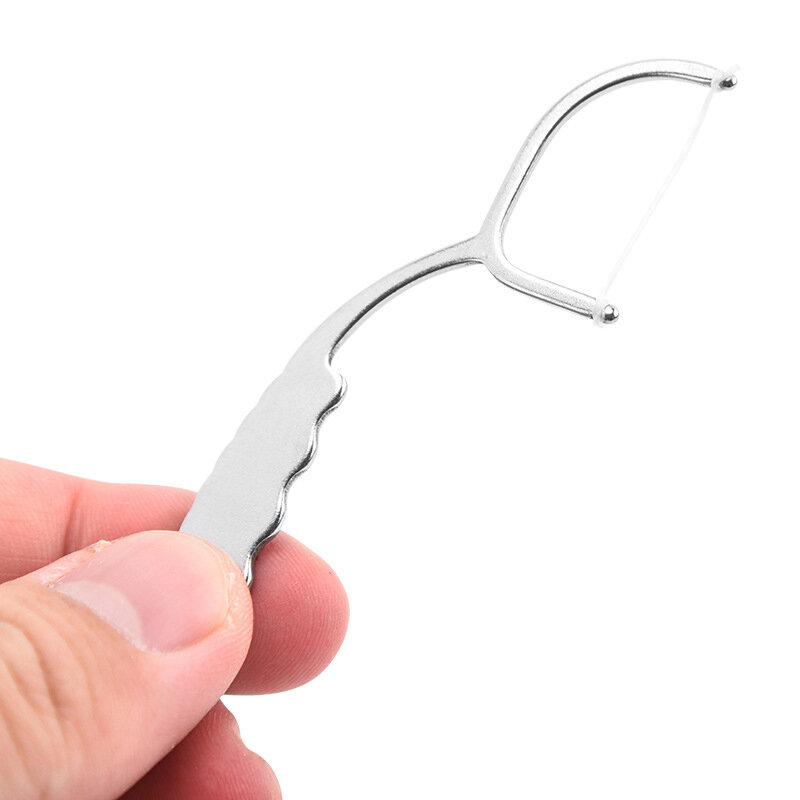 Set tusuk gigi Stainless Steel, Flossing gigi dapat digunakan kembali tusuk gigi portabel tangkai gigi benang pembersih gigi alat pembersih mulut