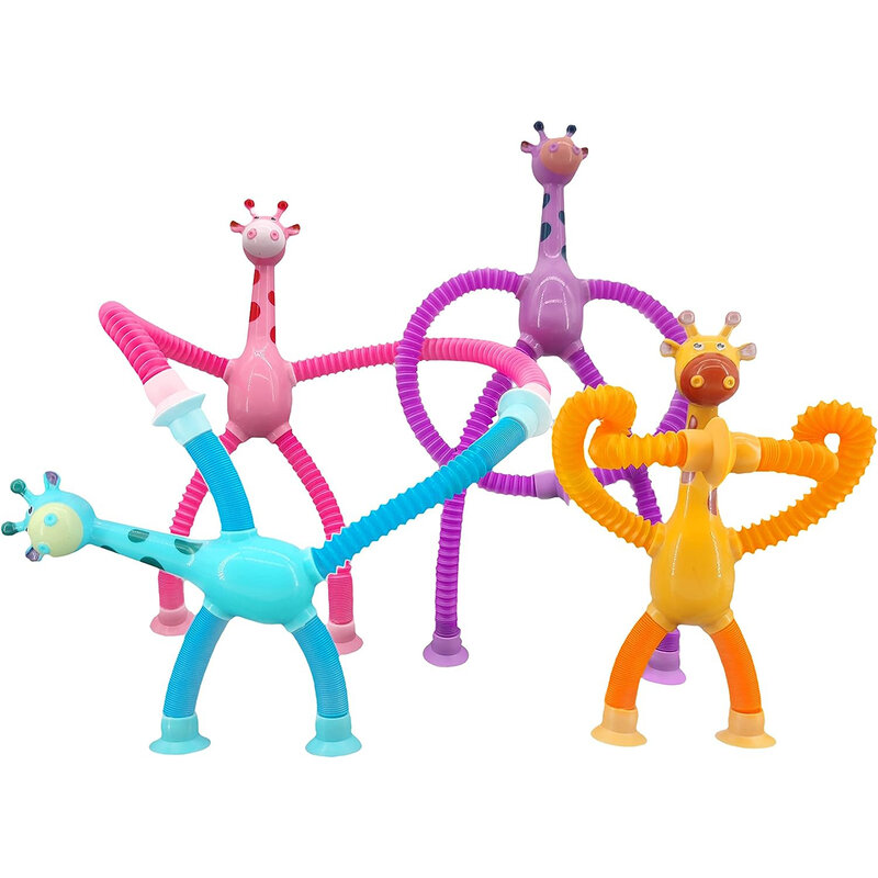 흡입 컵 기린 재미있는 텔레스코픽 스트레치 피젯 장난감, 스트레스 해소 퍼즐, 동물 까다로운 장난감, 가족 농담, 어린이 선물, 4 개