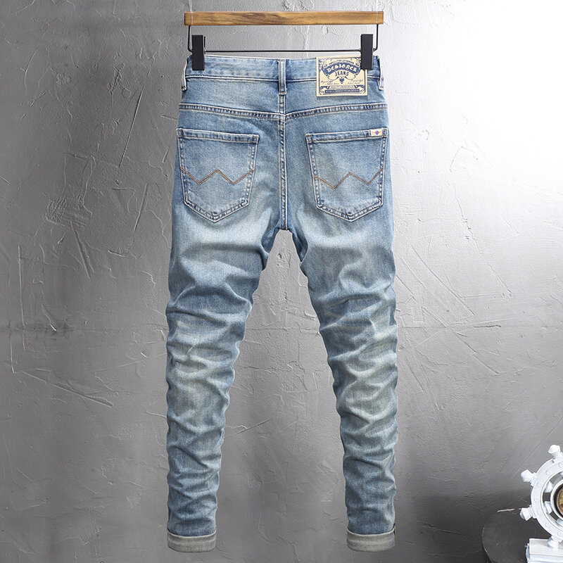 Jeans Stretch azuis retrô masculino, fit fino, vintage, estilo coreano, calça jeans casual, designer de moda, alta qualidade