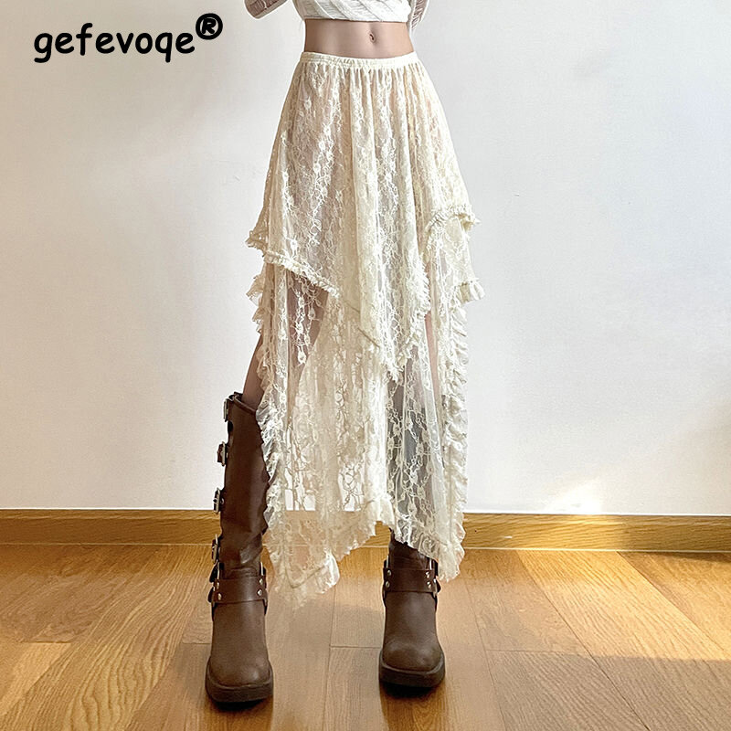 Frauen Vintage sexy durchsichtige Rüschen Spitze asymmetrische Fee Midi Röcke 2024 Sommer weiblich solide hohe Taille y2k Harajuku Rock