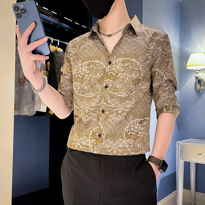 Роскошные мужские рубашки с рукавом до локтя, уличная одежда, приталенная Мужская Повседневная рубашка в стиле ретро с принтом на пуговицах, летняя модная Клубная Классическая мужская рубашка