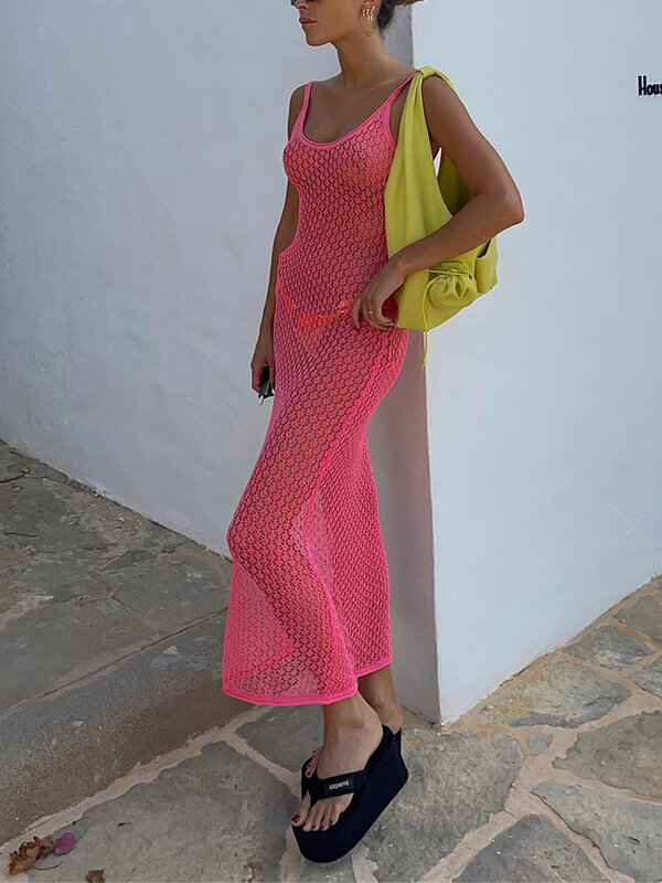 Louatui Women Summer Long Fitted Dress Pink Sleeveless Open Back Knit Sheer Party Dresses