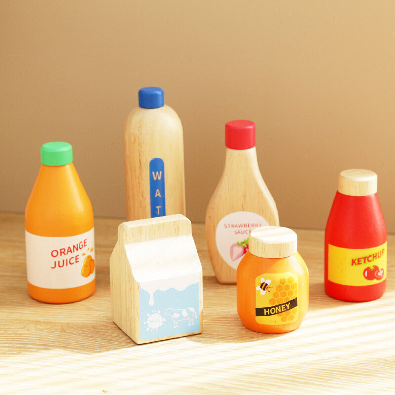 Simulazione in legno di giocattoli da cucina per famiglie decorazioni per Studio fotografico Set di bottiglie per succhi di bevande blocco regalo per bambini