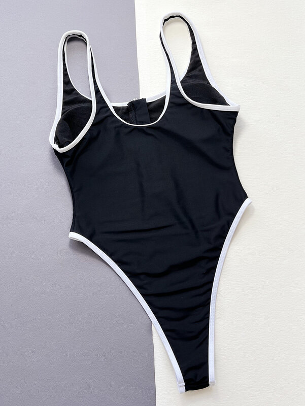 Bañador de una pieza con cremallera para mujer, traje de baño negro con realce, acolchado, Control de barriga, Monokini para playa, 2024