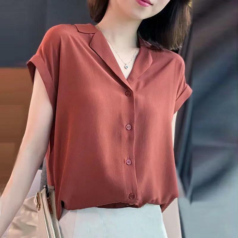 เสื้อฤดูร้อนแขนสั้นคอปกกะลาสีแฟชั่นสีพื้นเสื้อหลวมสไตล์เกาหลีกระดุมแถวเดียวสำหรับผู้หญิง