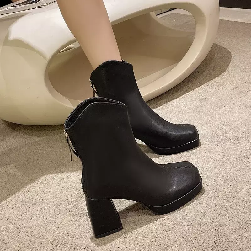 2023 zimowe damskie botki buty codzienne dla kobiet tylny suwak kwadratowe pięty kwadratowe noski damskie buty na wysokim obcasie damskie buty na wysokim obcasie