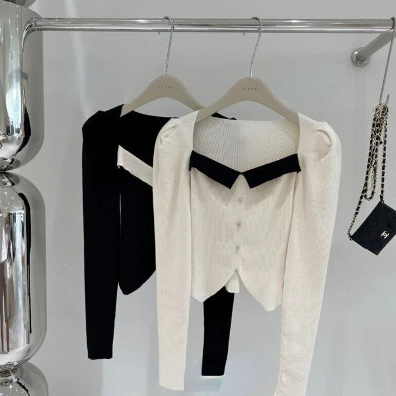 Koreańskie swetry damskie z długim rękawem wiosenne jesienne bluzy modne wąskie ciepłe miękkie asymetryczny Design nowy modny szykowna, dziewczęca
