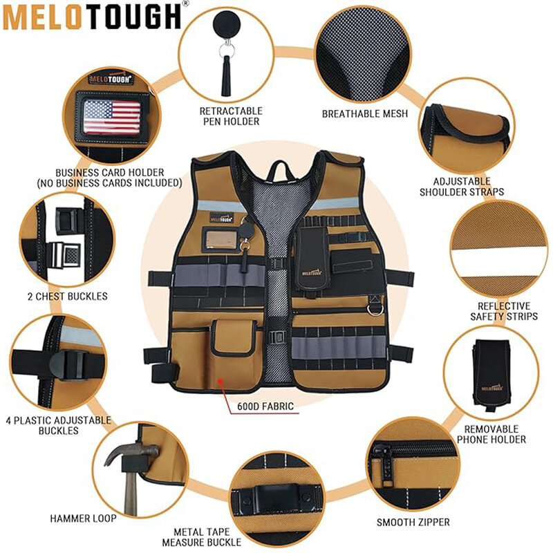 Tool Vest Safety Work Vest with Adjustable Straps,Removable Phone Holder for Electrician,Construction,Carpenters