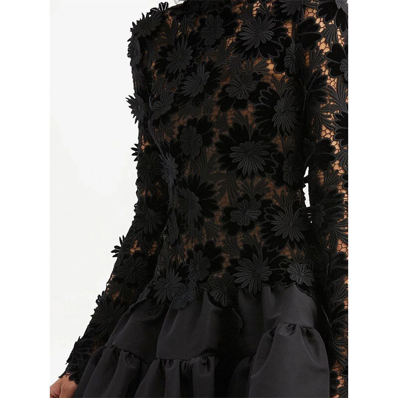 Gaun pesta malam renda 3D hitam A-line, gaun koktail punggung terbuka leher tinggi lengan panjang modis