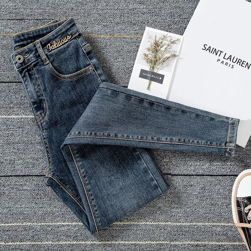 Calça jeans lápis skinny, cintura alta feminina, jeans stretch vintage coreano, comprimento do tornozelo Kot, streetwear primavera e outono
