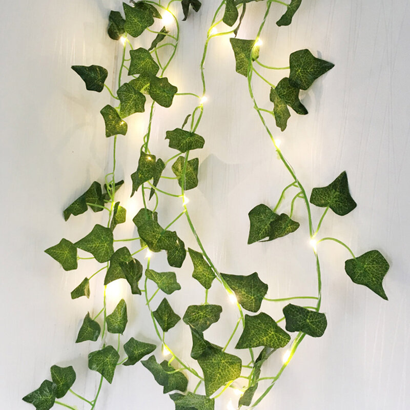 Videira de madeira artificial pendurada com 20LED String Light, Planta falsa de plástico para parede, Folhas verdes, 2m