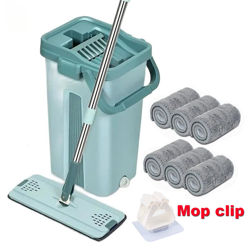 Mop piatto da spremere con secchio a mano libera strizzatore per la pulizia del pavimento Mop in microfibra Mop pad uso bagnato o asciutto su laminato di legno duro