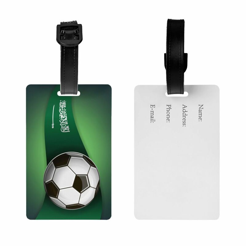 Bandera de Arabia Saudita con fútbol, etiqueta de equipaje para maletas, divertidas, cubierta de privacidad, etiqueta de identificación