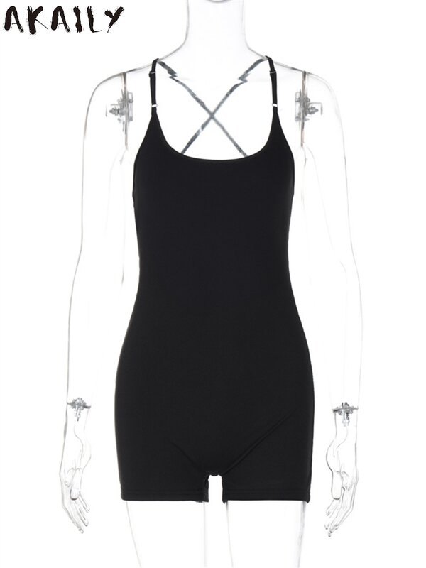 Летние черные Обтягивающие Комбинезоны Akaily без рукавов, повседневные спортивные женские трико с открытой спиной, модель 2024 года