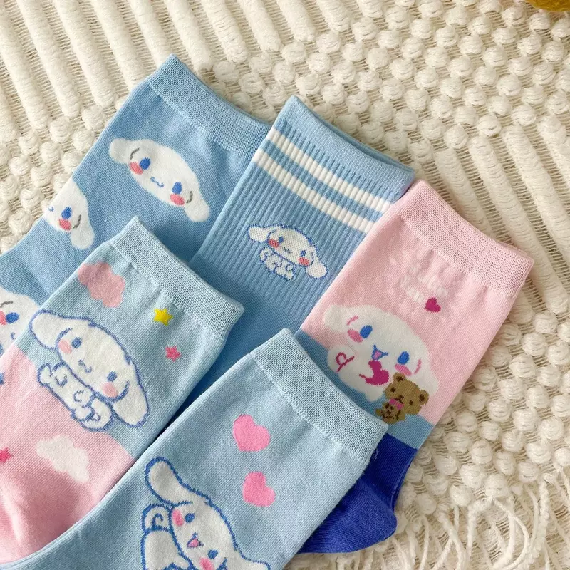 Calcetines de tubo medio de algodón para adulto, medias de dibujos animados para perro, color rosa y azul, 1 par