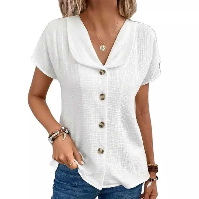 2024 Summer Baby Collar Single-breasted Cardigan Shirt Women Casual Short Sleeve Blouse Female New Sweet Style Solid Color Tops