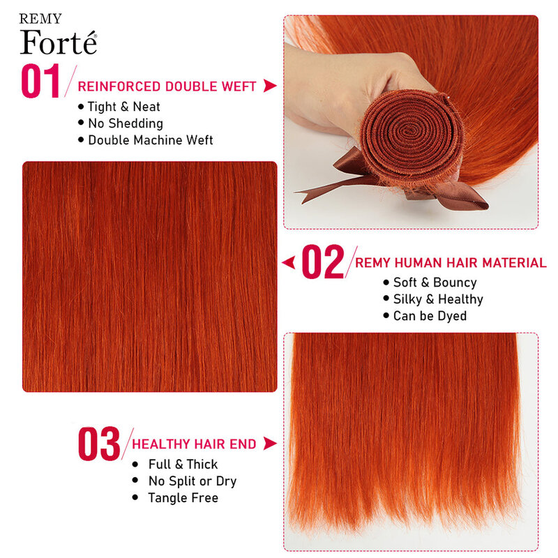 Mechones de pelo liso con cierre, extensiones de cabello humano brasileño, ondulado, color rubio y naranja, 10A, 3 uds.