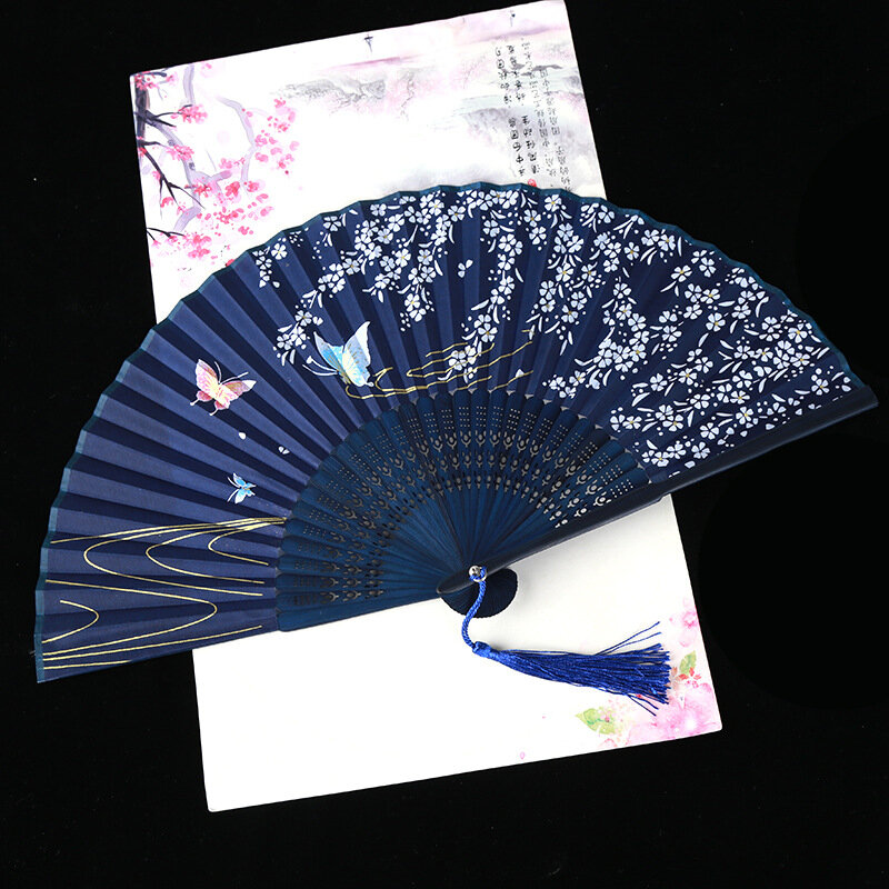빈티지 스타일 실크 접이식 선풍기, 중국 일본 패턴 미술 공예 선물, 홈 데코 장식품, 댄스 핸드 선풍기 대나무 나무 팬
