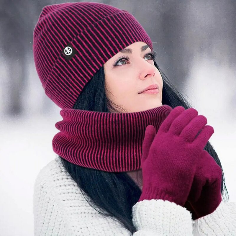 Set topi bulu syal sarung tangan, 3 potong topi musim dingin untuk uniseks warna Solid bergaris tebal hangat elastis Anti selip leher