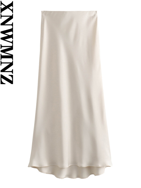 XNWMNZ Women's Fashion 2023 Flowing Satin Midi Skirt Women Vintage Elastic High Waist Flared hem High Street Female Skirt