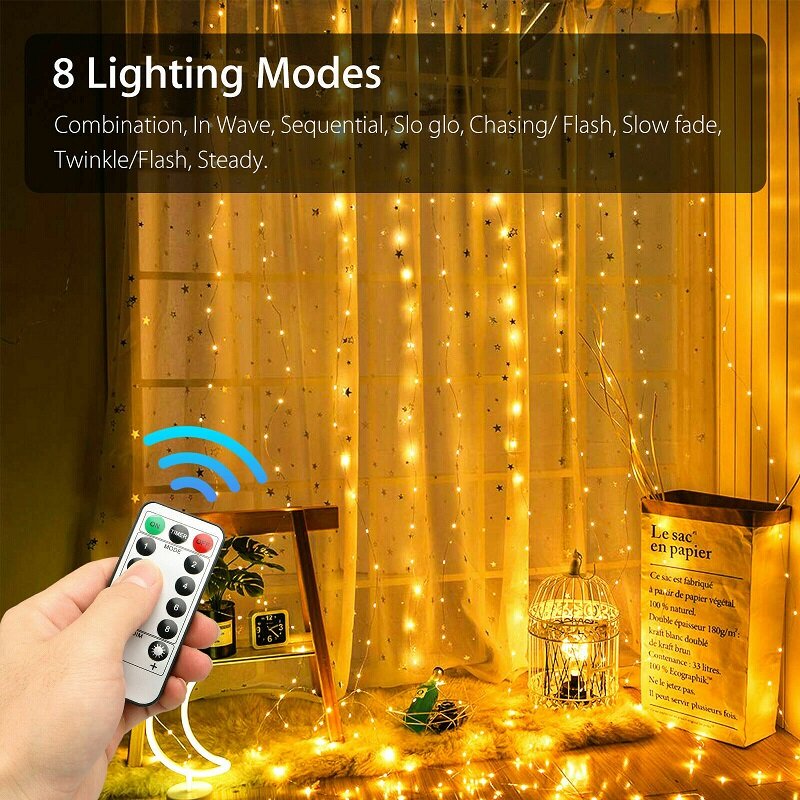 Lámpara de cortina LED con Control remoto, guirnalda de luces de hadas USB, iluminación decorativa para el hogar, dormitorio, blanco cálido, multicolor, 3M