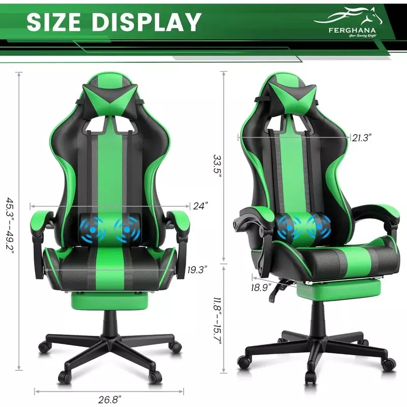 Gaming Chairs, Ergonomic Racing Style PC Game Computer Chair with Headrest Lumbar Support Adjustable Recliner PU Leathe