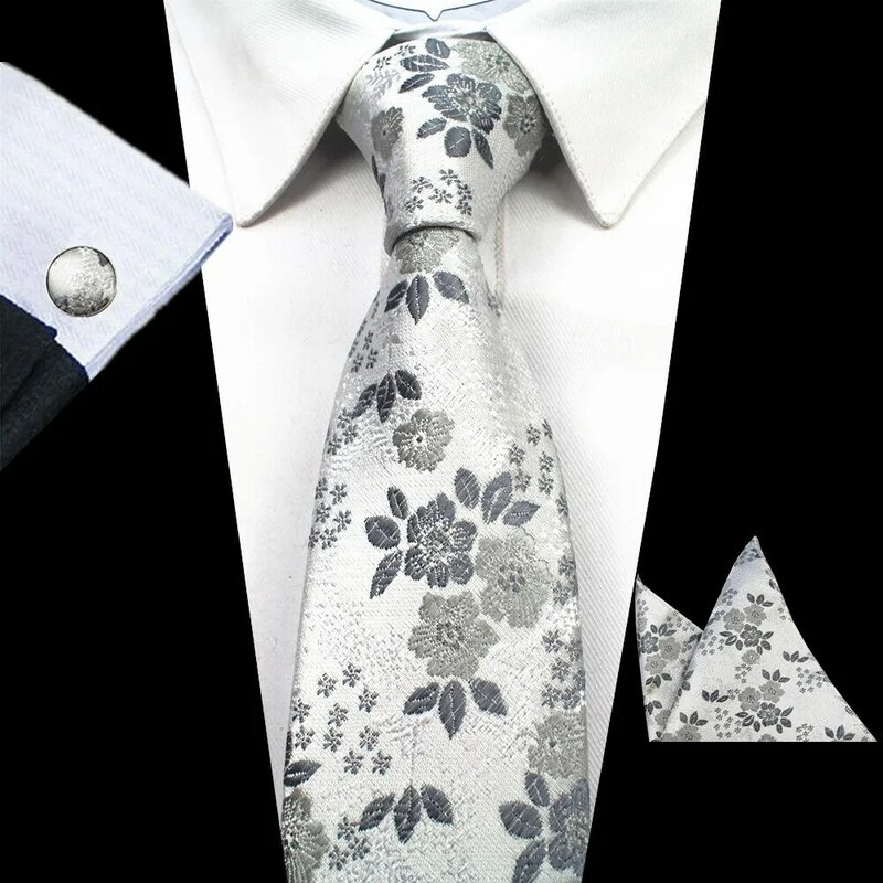 GUSLESON 8CM Mans Floral Tie 100% Silk Necktie Handkerchief Cufflinks Tie Set for Men  Wedding Formal Party silvery