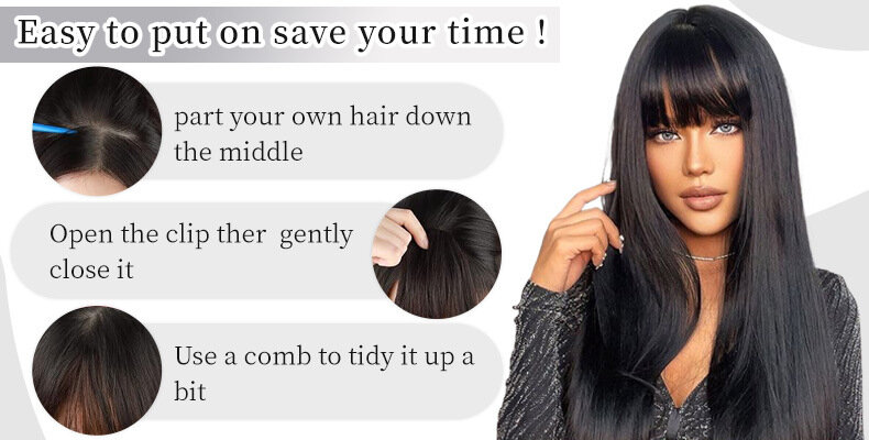Wig hitam Ombre lurus wig sintetis untuk Cosplay wig berlapis lurus panjang dengan poni untuk wanita poni palsu tahan panas