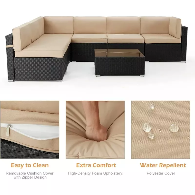 Набор плетеных диванов из ротанга, набор уличной мебели с подушками и чайным столиком, черный ротанговый PE, 7 шт.