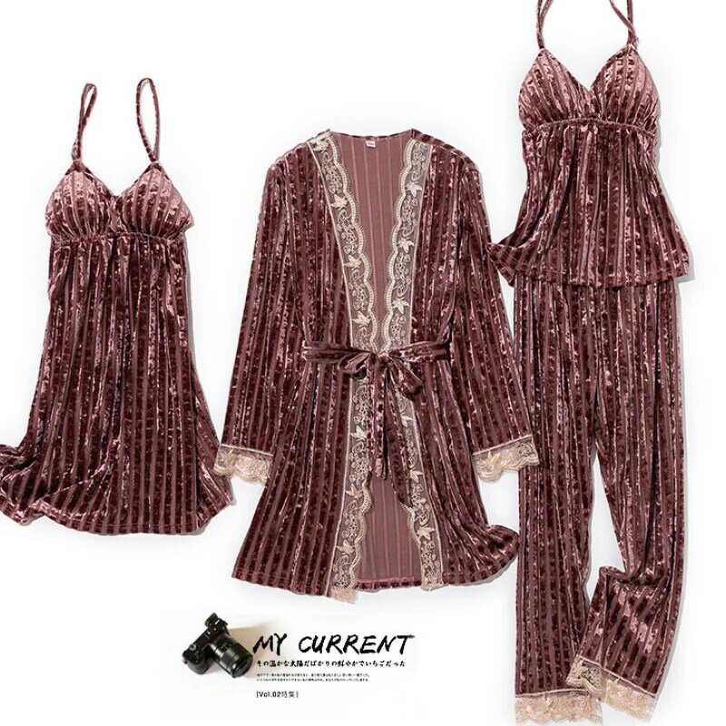 Sexy Lace Trim Nightgown Pijamas Suit Velvet 4PCS Pajamas Set Sleepwear Home Wear Autumn Winter Women Kimono Bathrobe Gown