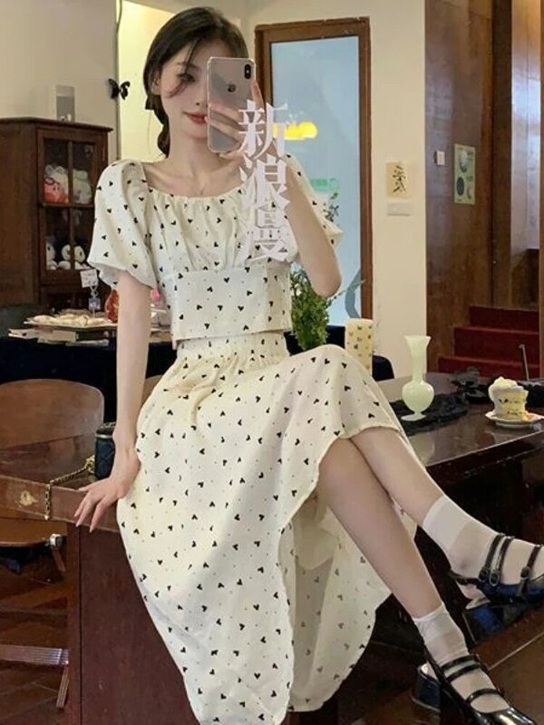 Sets Women Summer Blouses Bow Printed Puff Sleeve Stylish All-match Aesthetic Popular Skirts Midi A-line High Waist Ulzzang Ins