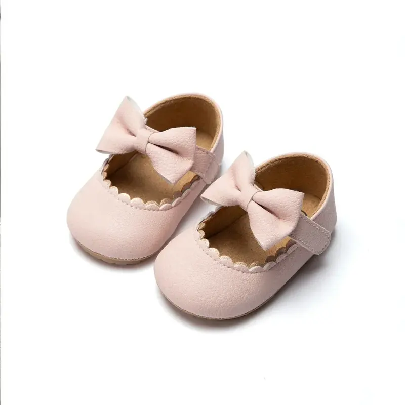 Zapatos informales para bebé, calzado antideslizante con lazo, suela de goma suave, planos de PU, princesa con lazo