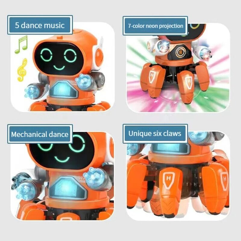 Robot menari, mainan elektrik bersinar musikal hewan peliharaan 6 cakar, Robot laba-laba gurita, mainan interaktif pendidikan untuk hadiah anak-anak