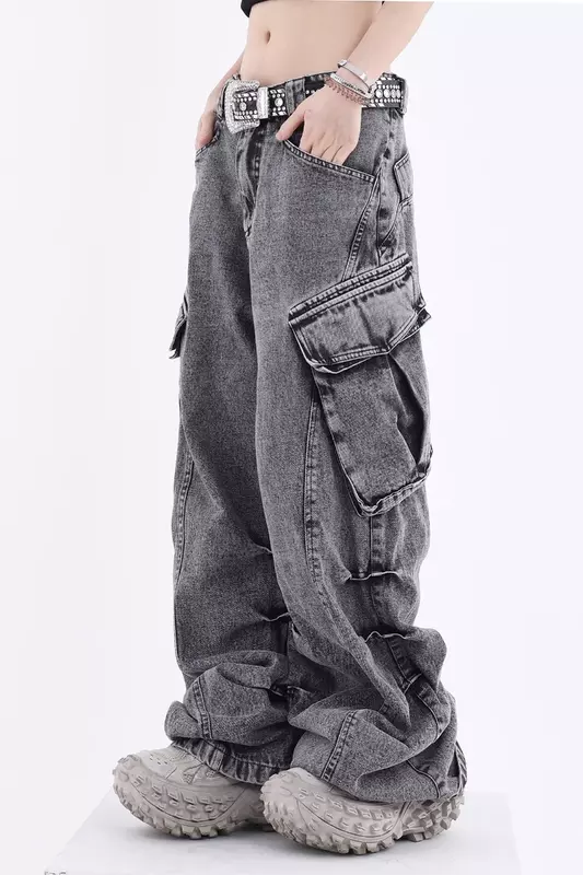 Cargo Pants Women Jeans High Street Vintage Washed High Waisted Jeans Woman Pants Casual Wide Leg Baggy Jeans Women Clothing