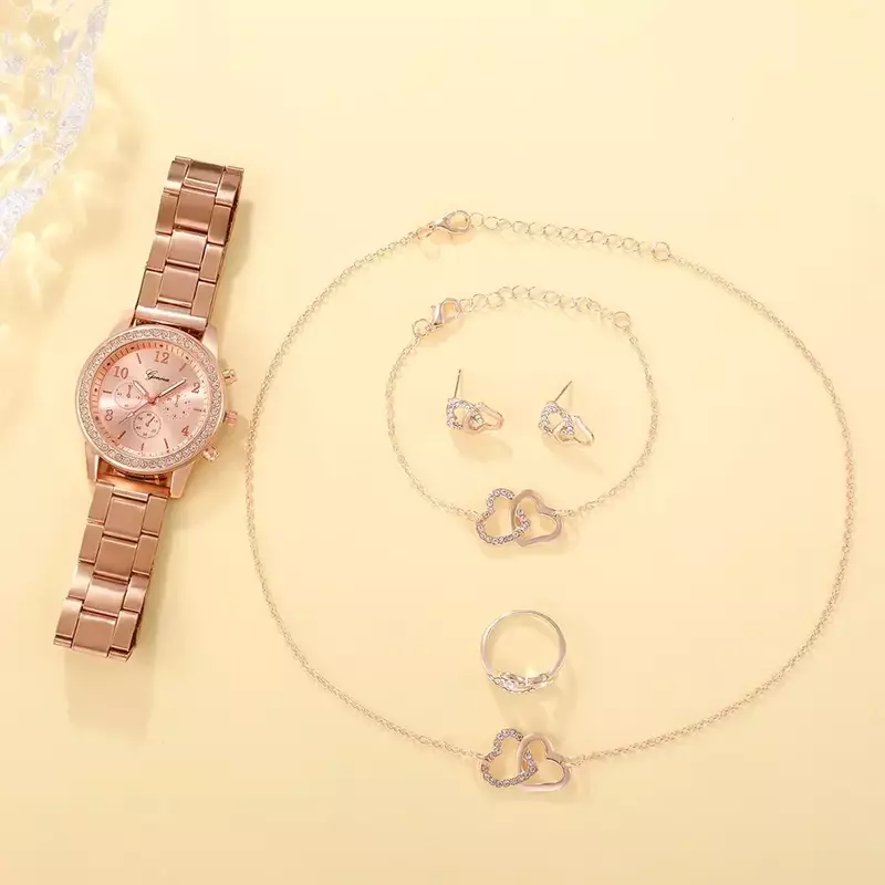 Conjunto de 6 piezas para mujer, reloj de lujo de oro rosa, anillo, collar, pendiente, diamantes de imitación, pulsera informal, novedad