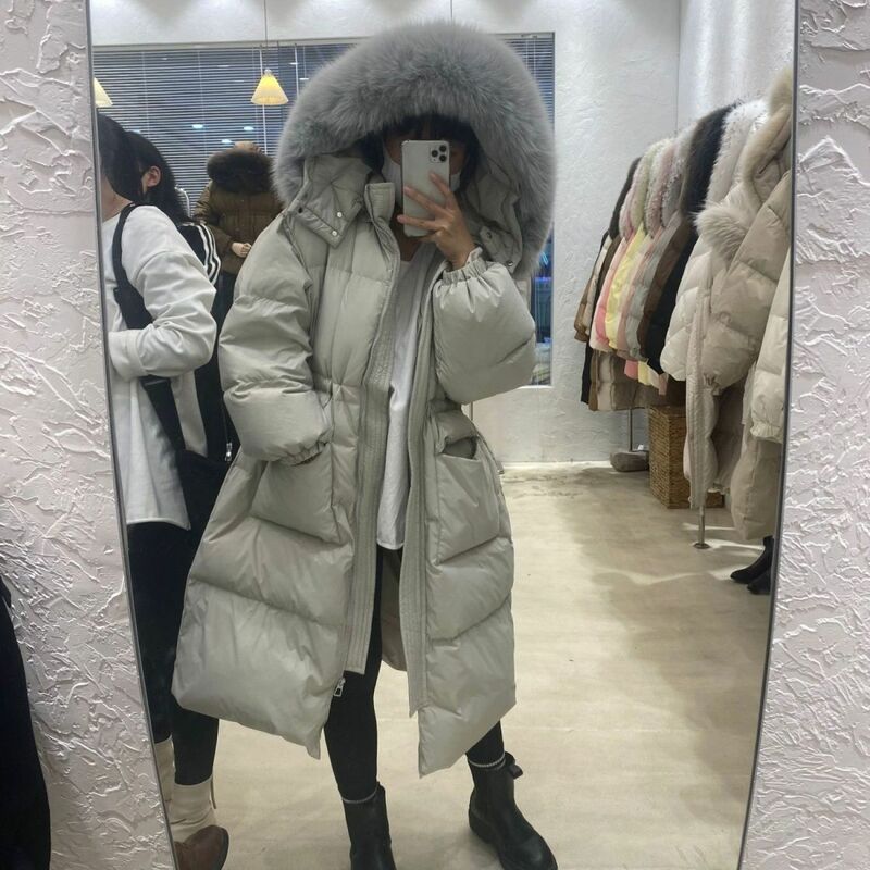 New Waistband Over Knee Fox Fur Collar Long Down Jacket with A Stylish and Thickened Look