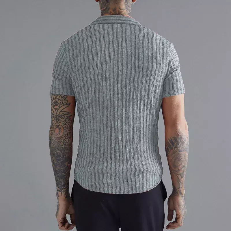 Casual Breathable Slim Shirts Men Summer Vintage Striped Print Short Sleeve Shirt Streetwear Mens Clothes Fashion Button Shirts