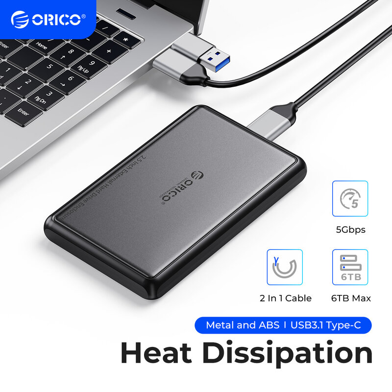 ORICO-Gabinete de Disco Rígido Externo, Caixa de Dissipação de Calor, SSD, HDD, PC, Laptop, Metal e ABS, 5Gbps, SATA para Tipo-C, 2.5"