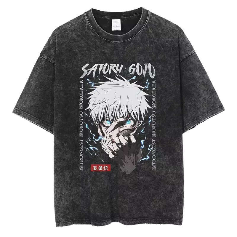Camiseta com estampa gráfica Anime Vintage masculina, camiseta solta casual, tops lavados de manga curta, Harajuku Streetwear