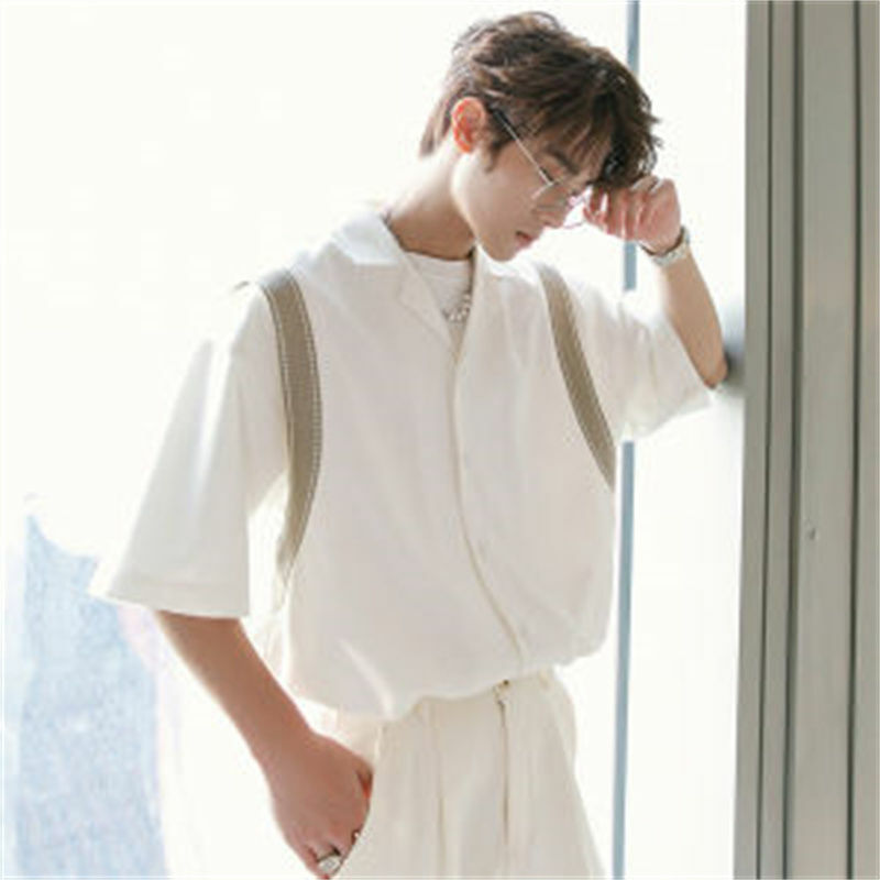 남성용 한국 패션 여름 반팔 얇은 아이스 실크 셔츠, 쿠바 칼라 버튼 패치워크 캐주얼 루즈 남성 원피스 셔츠 S-4XL