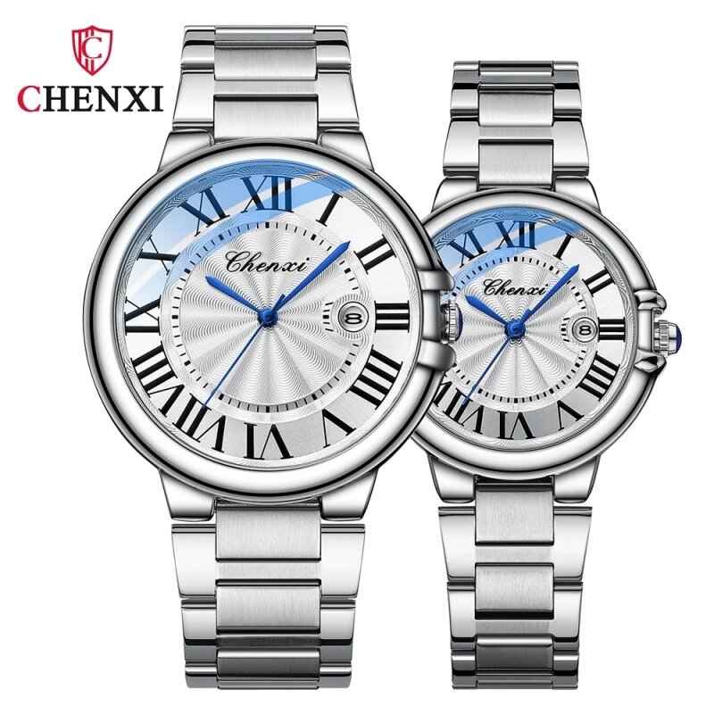 CHENXI jam tangan Quartz pria dan wanita, jam tangan pasangan tali baja modis minimalis merek terkenal Quartz untuk pasangan