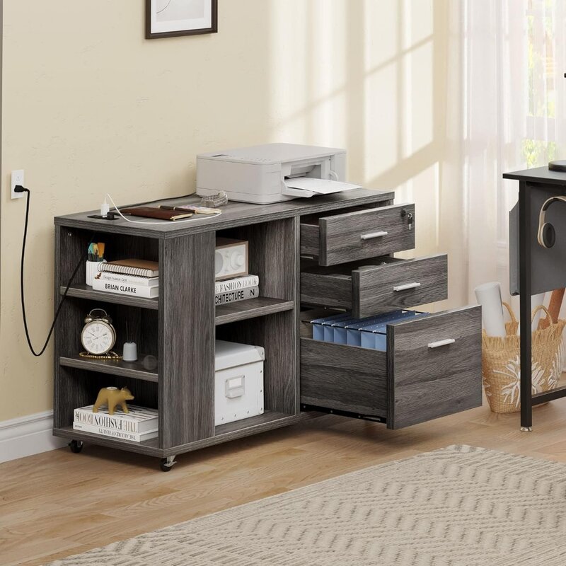 A file cabinet with a charging station, a locked mobile horizontal file cabinet for home offices, office furniture