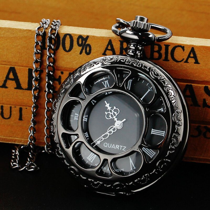 Novo Quartzo Relógio De Bolso Moda Preto Clássico Elegante Oco Assista Capa Das Mulheres Dos Homens Neutro Relógio De Aço Inoxidável