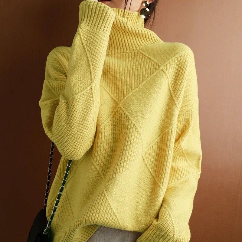 Kaszmirowy sweter damski sweter z golfem Pure Color dzianinowy z golfem sweter 100% czysty wełniany luźny sweter w dużym rozmiarze damski