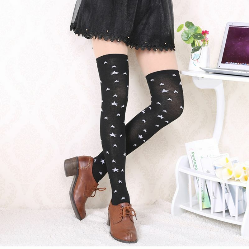 E15E японские длинные носки выше колена в японском стиле для девочек с принтом звезды в горошек и стрейч