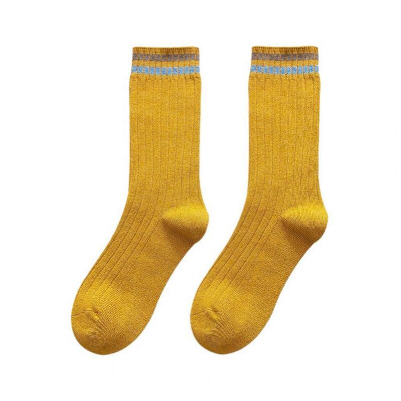 1 Pair Women Fall Winter Socks Mid-tube Thick Warm Socks No Odor Elastic Anti-slip Striped Sweat Absorption Lady Mid-calf Socks