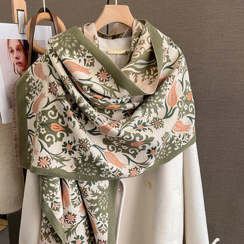 Thick Floral Print Cashmere Hijab Poncho Women Luxury Scarf Warm Pashmina Travel Blanket Shawl Wraps Bufanda 2023 Design Echarpe