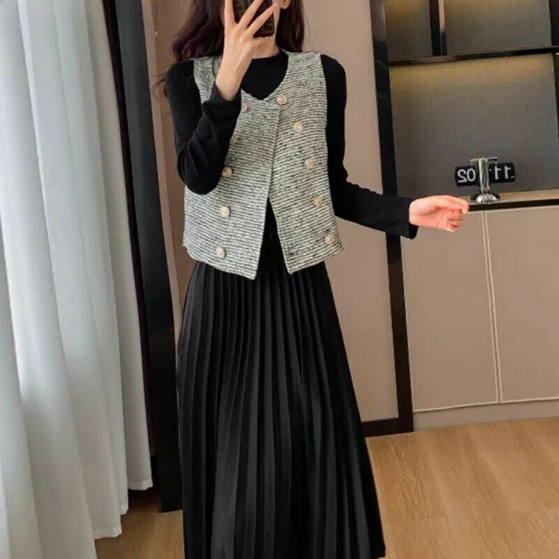 Fashion Vest Dress Set di due pezzi per donna autunno e inverno versione coreana nuovo Set di abiti lunghi pieghettati temperamento